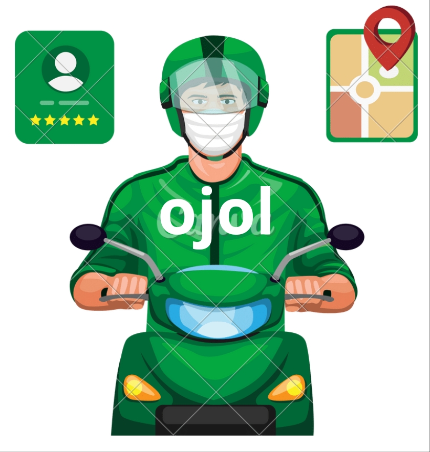 Gambar : Karikatur grafis pengemudi ojek online (ojol) dengan motor, siap melayani masyarakat di jalanan kota.