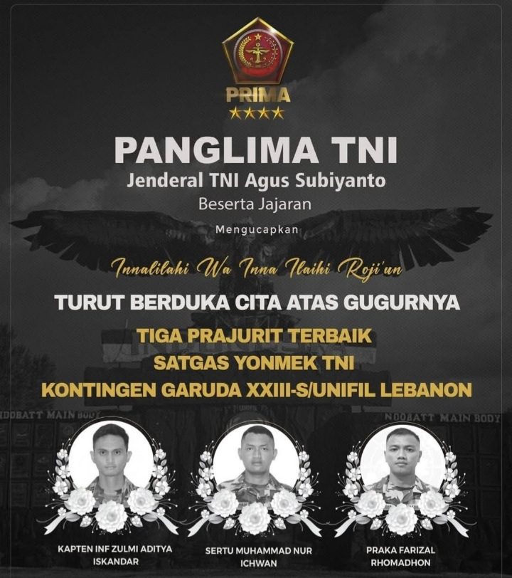 Tiga Prajurit TNI Gugur dalam Misi Perdamaian PBB di Lebanon Selatan