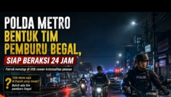 Polda Metro Bentuk Tim Khuksus Anti Begal, Patroli 24 Jam di Jakarta, Depok, Bekasi, dan Tangerang